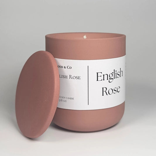 English rose scented candle, pink ceramic jar, luxury candle, front view