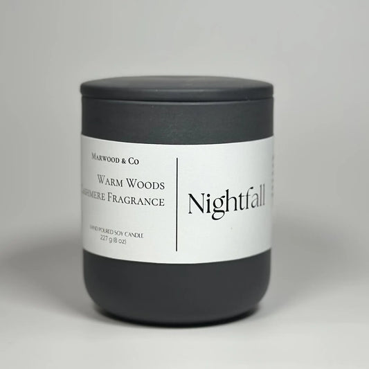 Warm woods and cashmere sandalwood ceramic jar candle, front view, luxury soy wax scented candle