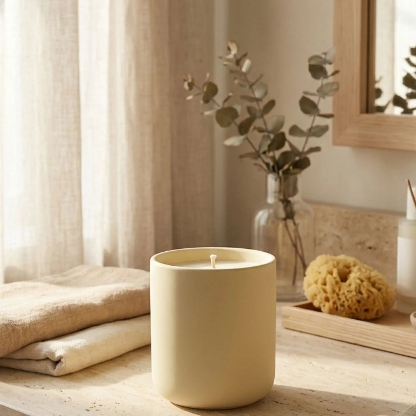 Sparkling Lemon Candle ,Luxury Scented Candle in Ceramic Jar with lid, front view , summer and spring fragrance, beige colour