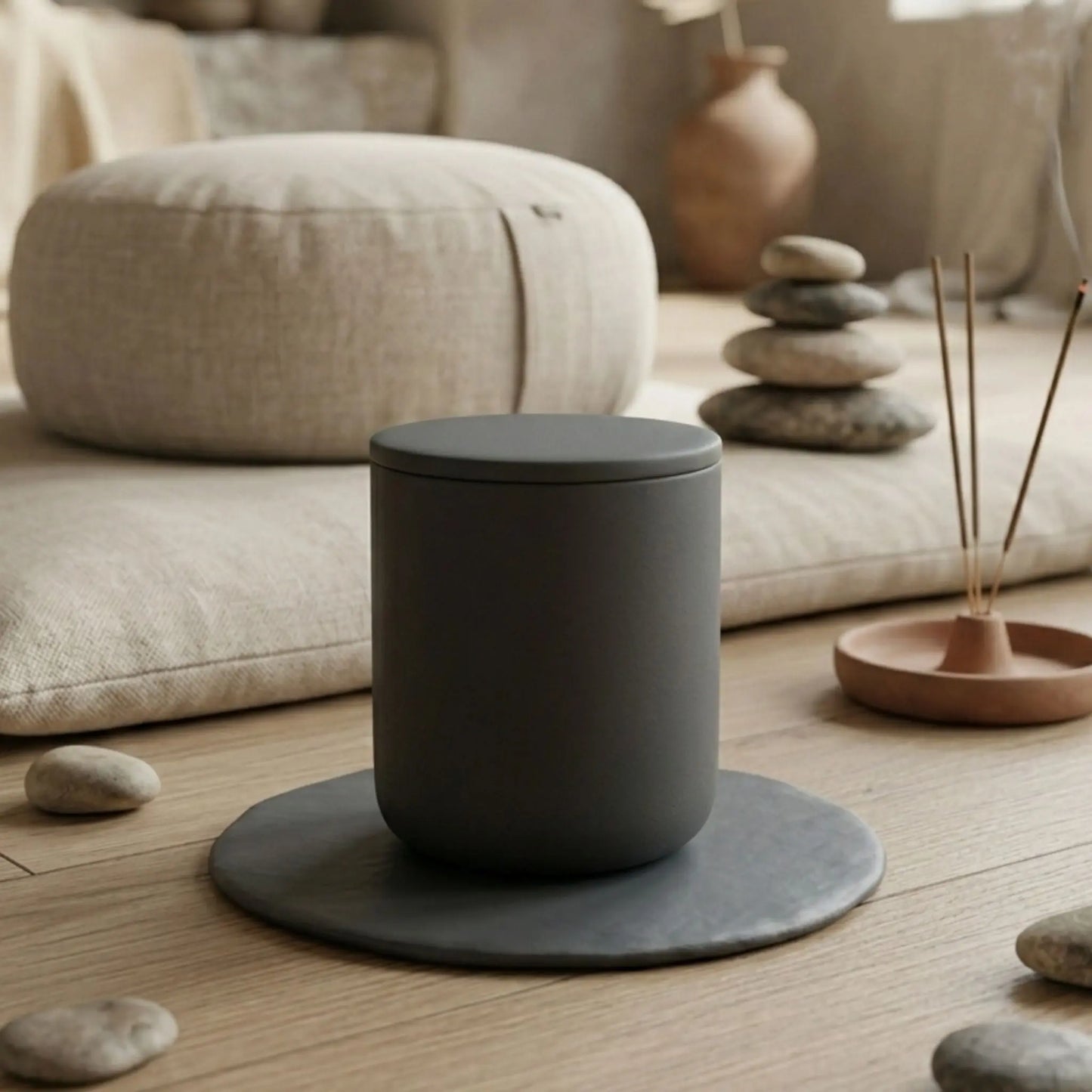 Warm woods and cashmere sandalwood ceramic jar candle, front view, luxury soy wax scented candle