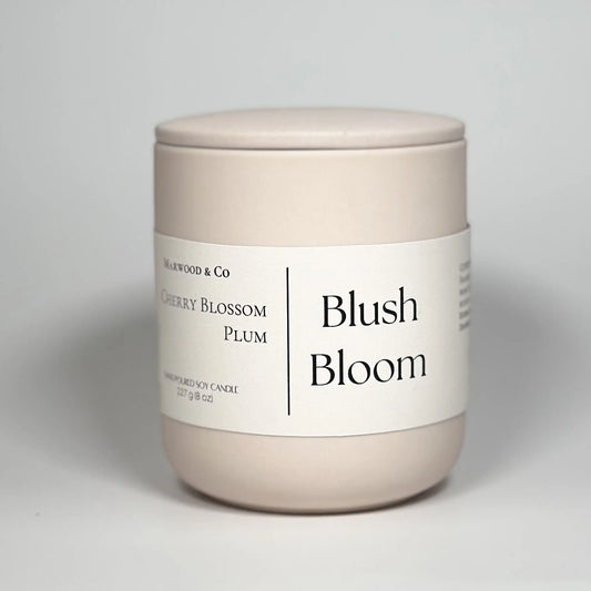 Cherry blossom ceramic jar candle, frontal view, hand-poured soy wax, best scented candles for home, luxury fragrance, long-burning decorative candle