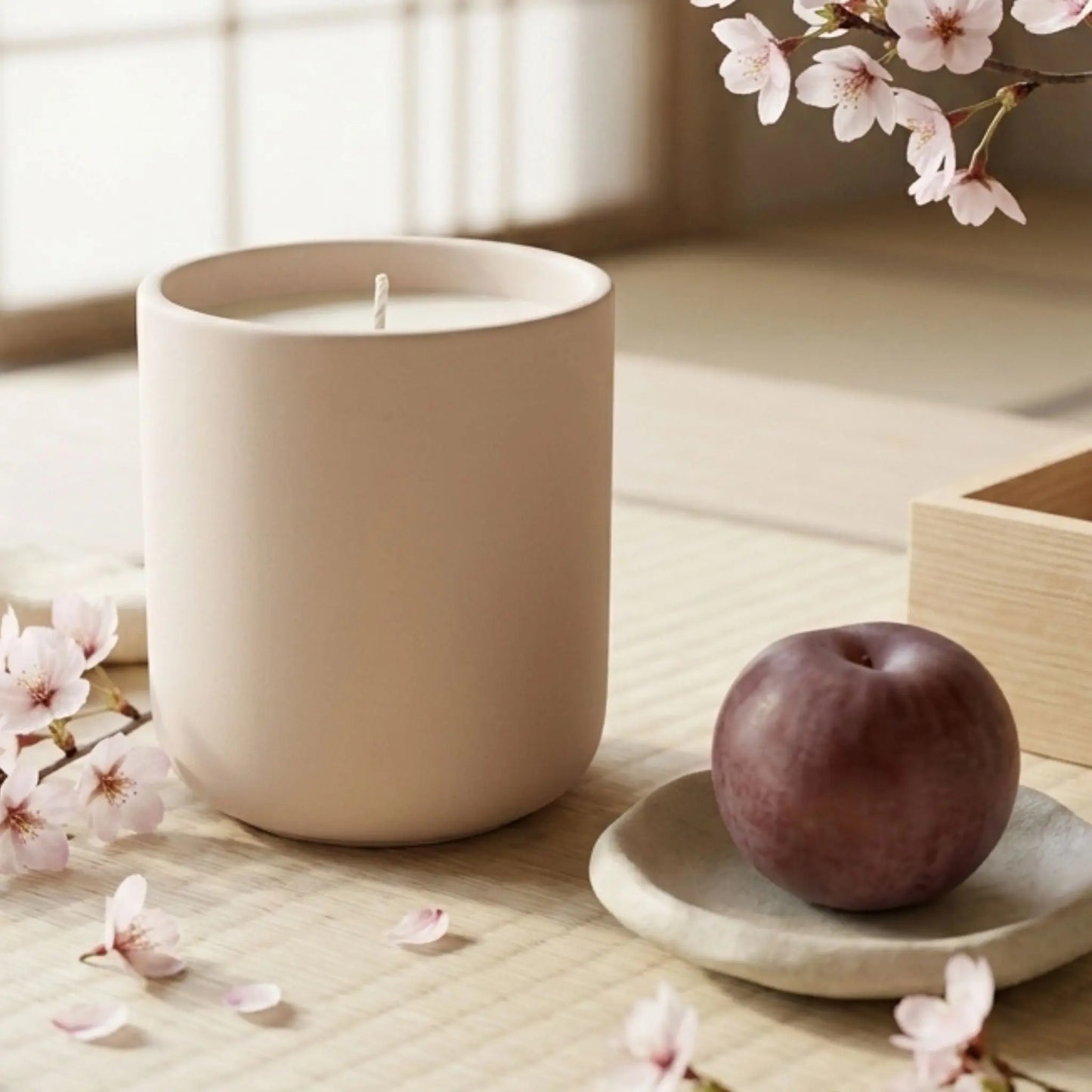 Cherry Blossom & Plum luxury ceramic jar candle, hand-poured soy wax, floral and fruity fragrance, long-burning scented candle for home, gifts, and self-care, premium UK candle
