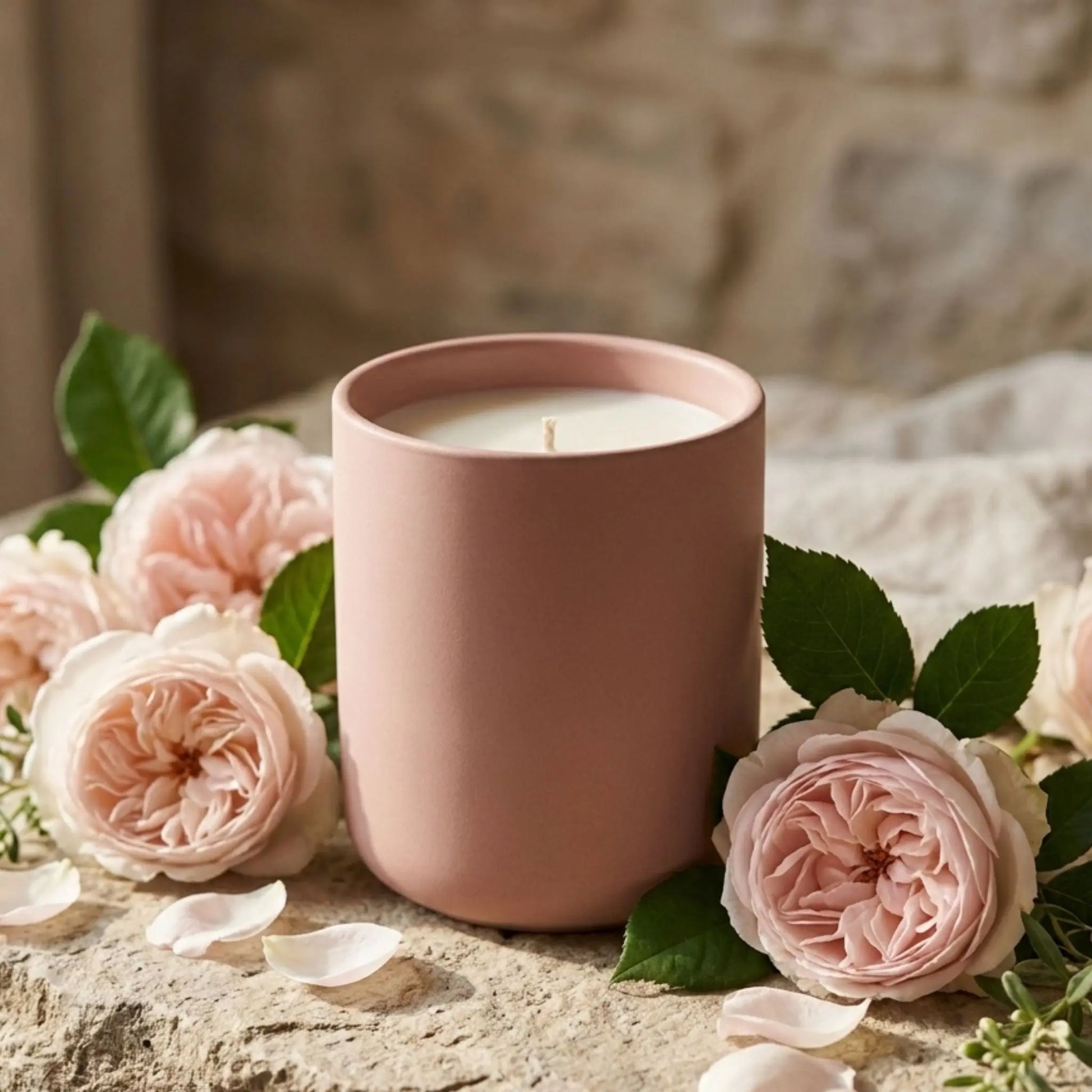 English rose scented candle, pink ceramic jar, luxury candle, front view, summer fragrance 
