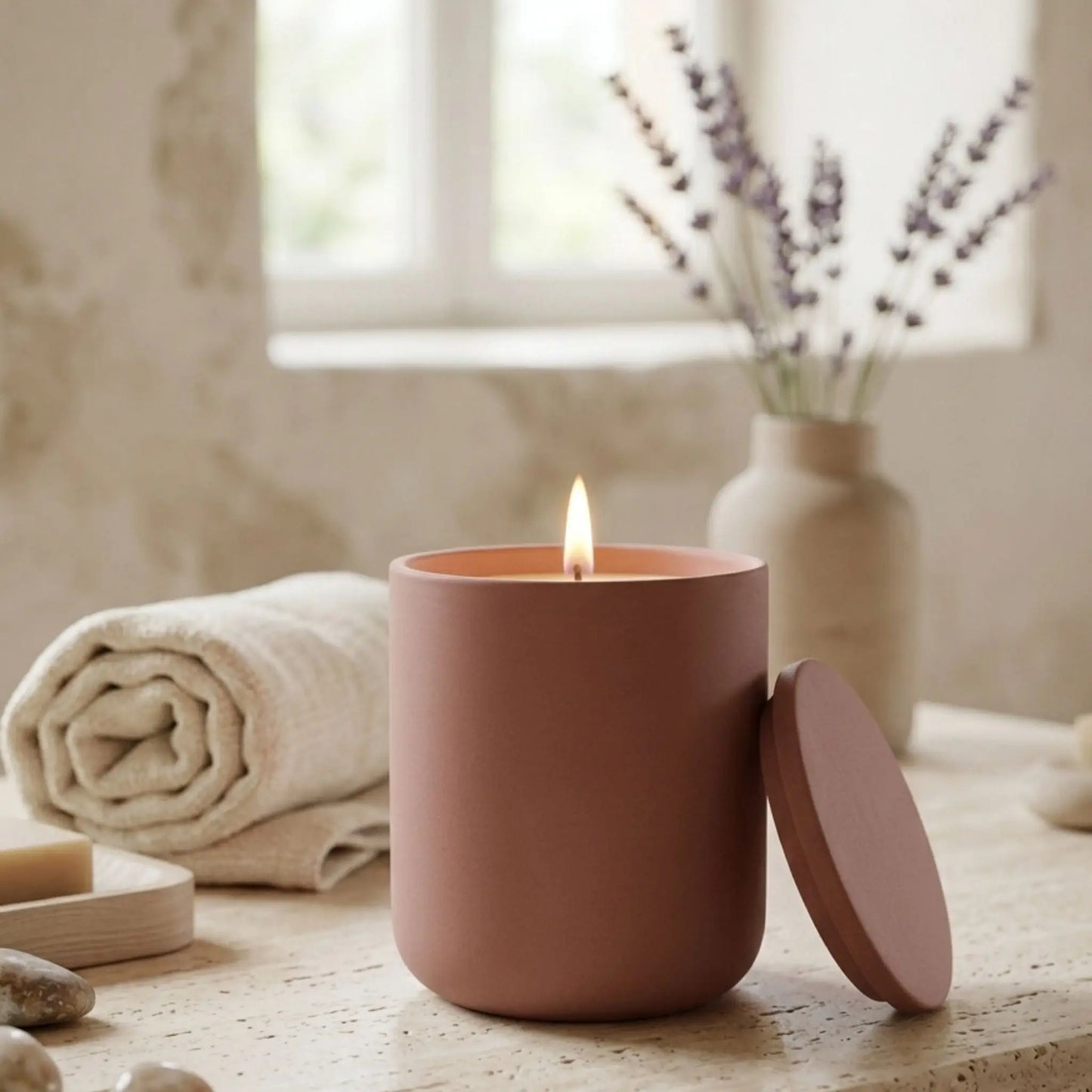 English rose scented candle, pink ceramic jar, luxury candle, front view, summer fragrance, smell good candles