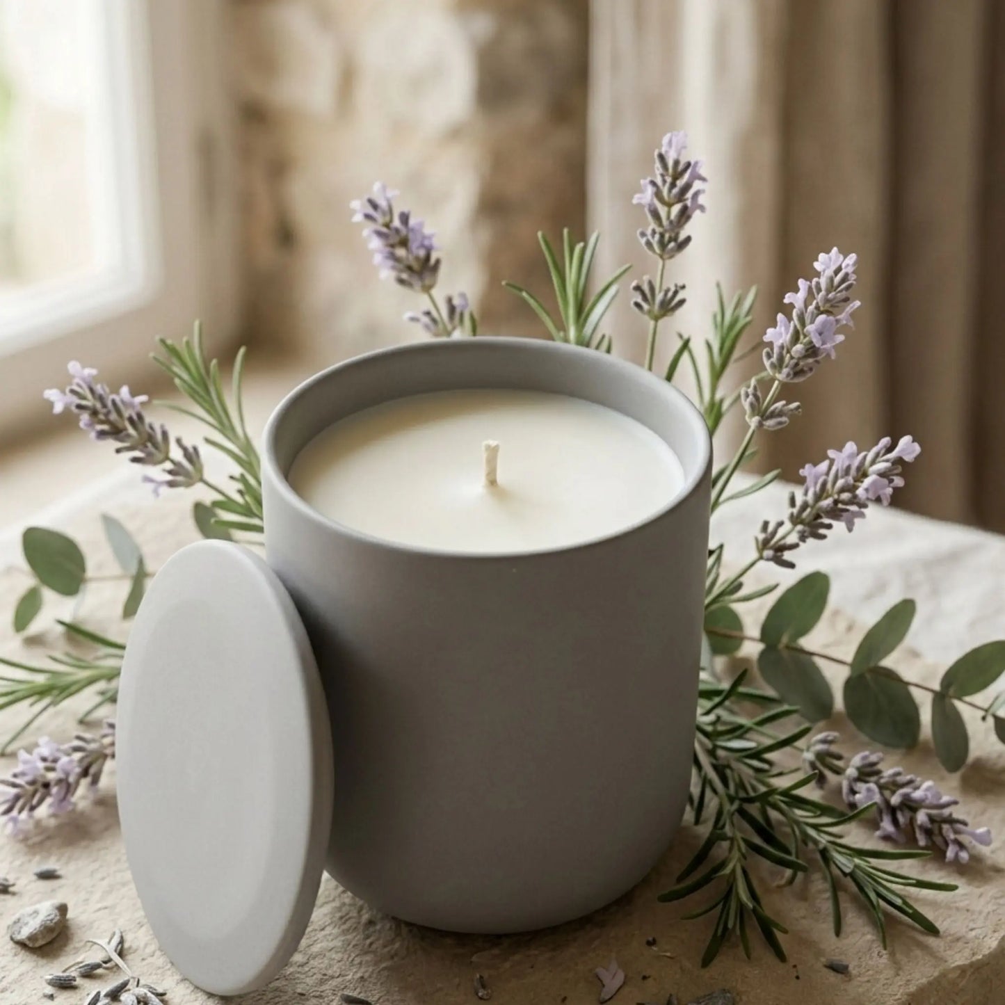 Lavender Candle, Luxury Scented Candle in Ceramic Jar with lid, front view, Luxury brand 