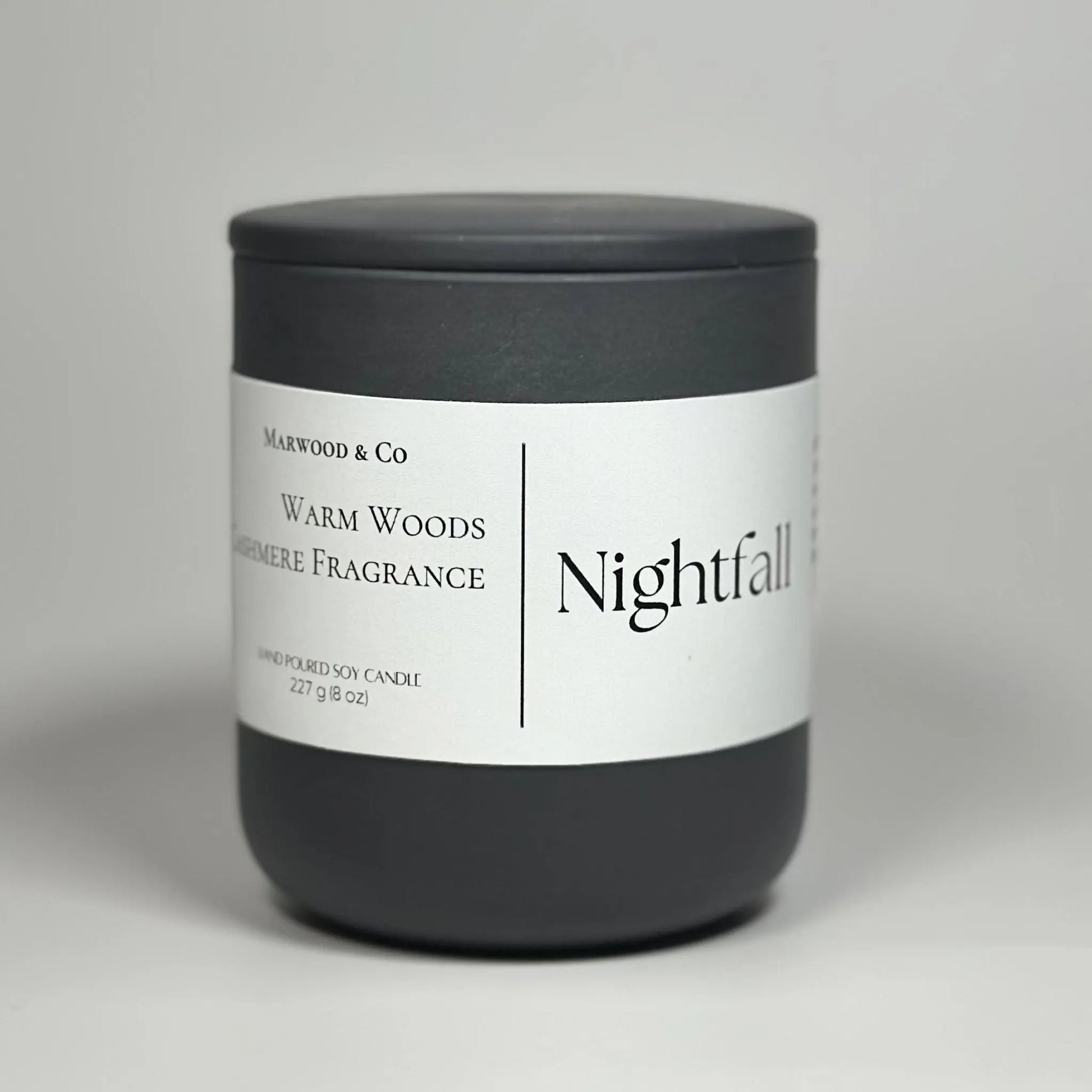 Warm woods and cashmere sandalwood ceramic jar candle, front view, luxury soy wax scented candle