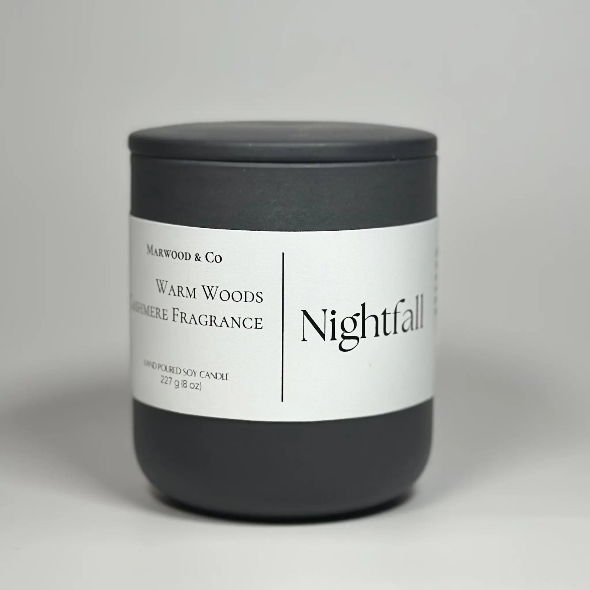 Warm woods and cashmere sandalwood ceramic jar candle, front view, luxury soy wax scented candle