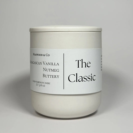 Vanilla Candle, Luxury Scented Candle in Ceramic Jar with lid, front view , white ceramic jar 
